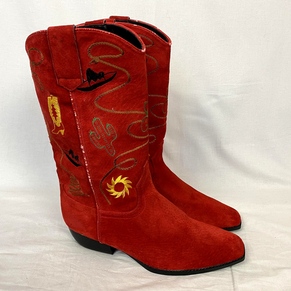VTG Chilis Western Boots Womens 10 Red Embroidered Faux Suede Cowgirl Snip Toe